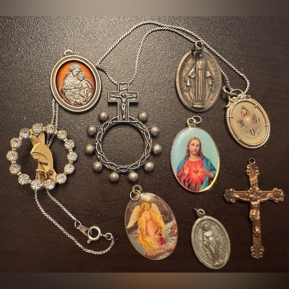 Vintage Lot of Religious Medals, Mother Mary Brooch, Crucifix; some Signed Italy